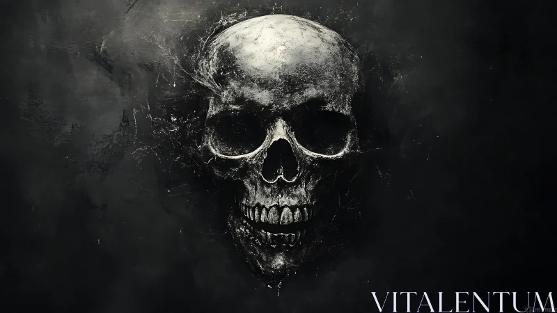 Weathered human skull emerges from dense black void