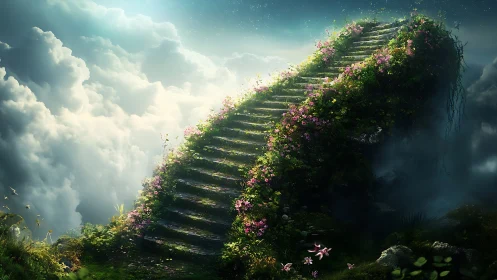 Stone stairway rising through clouds with dense floral growth.