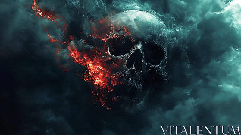 Flaming skull emerges from swirling teal smoke in darkness