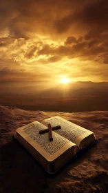Open Bible with wooden cross under low sunset sky on ground.