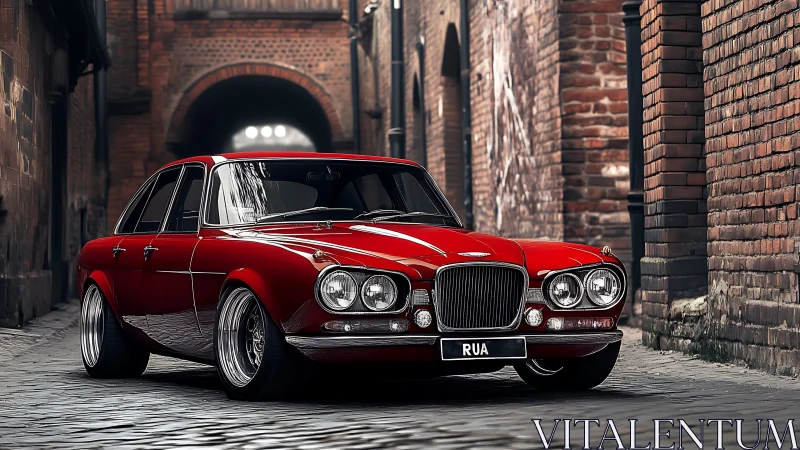 Red classic sedan is parked on cobblestone street between walls