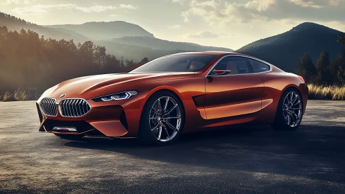 Orange BMW coupe stands on mountain road at sunset light
