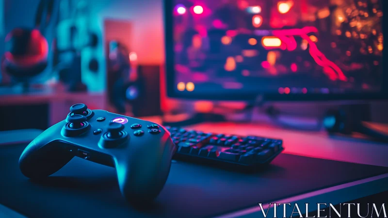 Gaming controller on RGB-lit desktop with blurred monitor.