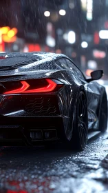 Sleek supercar rear in neon city rain at night.