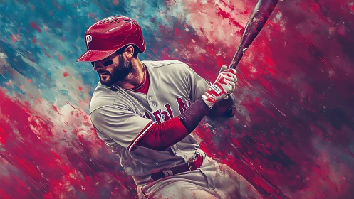Dynamic baseball batter in red uniform digital artwork.
