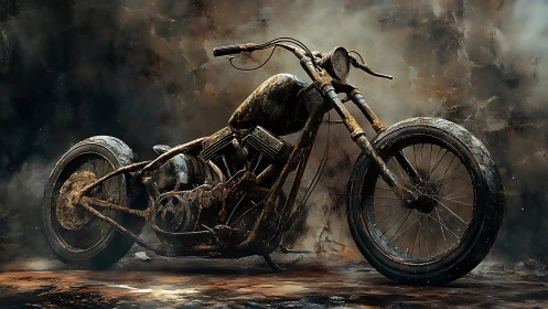 Rusted custom chopper motorcycle rests in smoky workshop