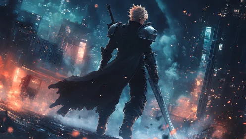 Lone cyberpunk swordsman surveys a burning neon cityscape.