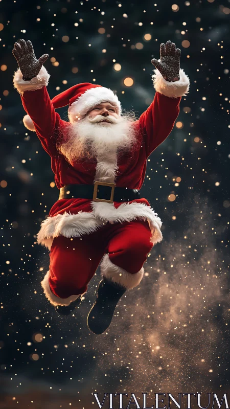 Photorealistic leaping Santa Claus in festive snowfall portrait.