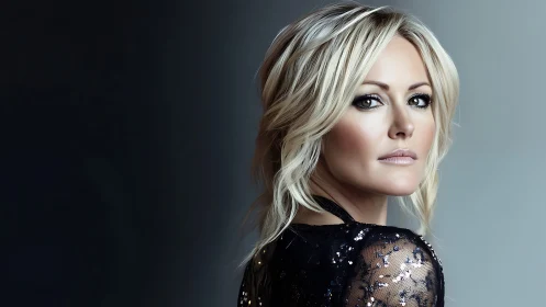 Glamorous blonde gaze carved in cool cinematic twilight.