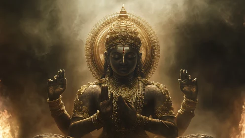 Golden multi-armed deity statue in cinematic smoky light.