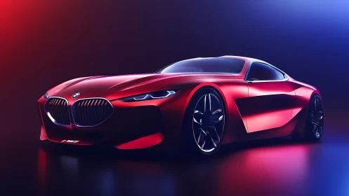 High-gloss red BMW concept coupe under dual-color studio lighting