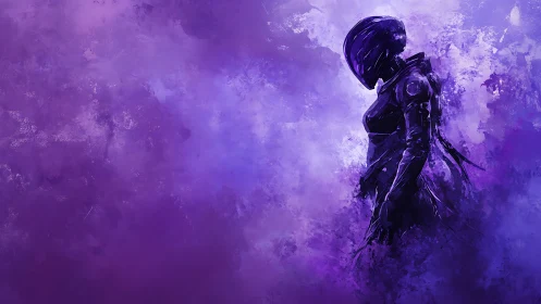 Solitary armored figure in purple abstract digital void.