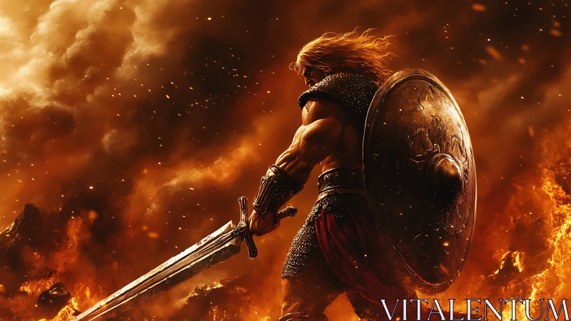 Firelit barbarian warrior with longsword and shield in battle