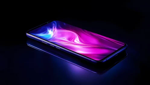 Modern smartphone with glowing neon screen in dark minimalist style.