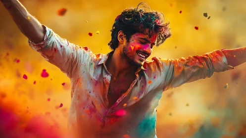Joyful young man celebrates Holi in a burst of vivid color