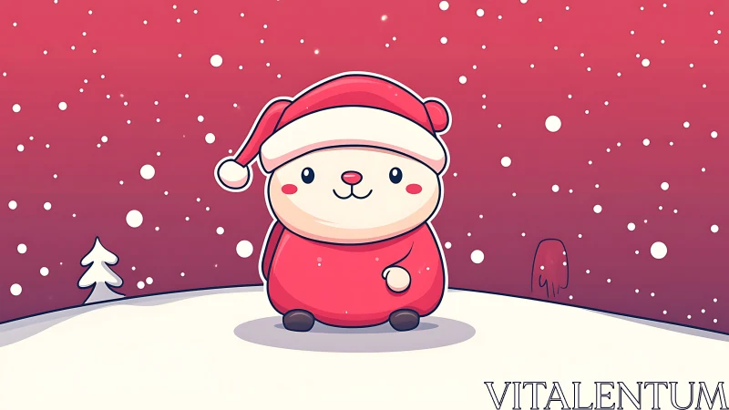 Cute cartoon hamster in Santa suit stands in snowy landscape