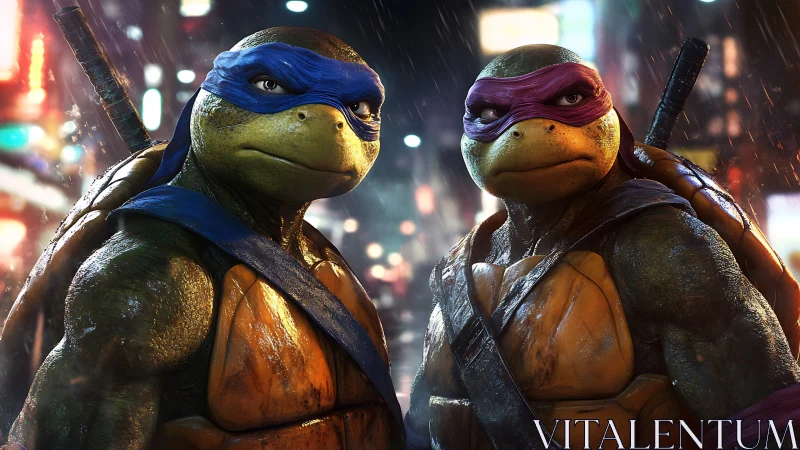 Heroic turtle duo stands ready in a glowing city night.