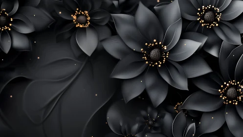 Black Stylized Flowers with Golden Centers on Dark Background