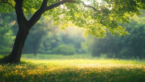 Sunlit Park Meadow with Tree in Soft Morning Light, Nature Scene.