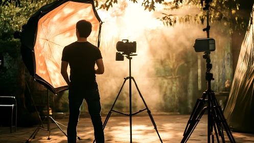 Backlit photographer shapes cinematic outdoor studio scene.