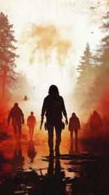 Silhouetted armed figure facing distant shapes in burning mist.