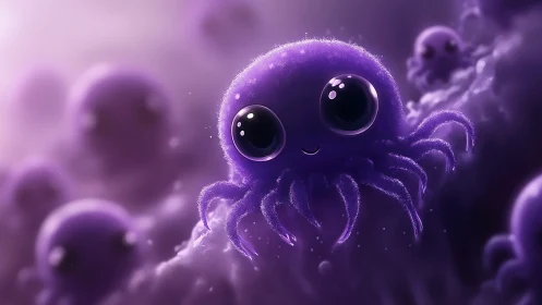 Purple stylized octopus creature in soft-focus nebula space.