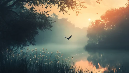 Digital painting of misty riverside sunrise with bird in flight.