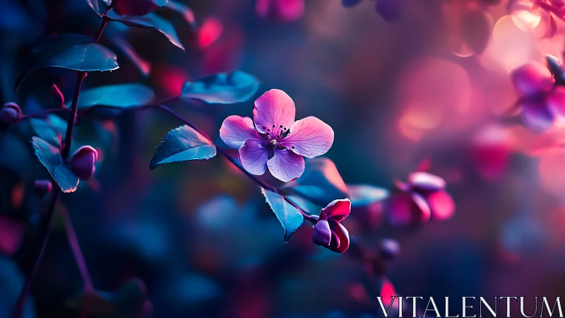 Luminous flowers bloom in neon-lit darkness and bokeh.