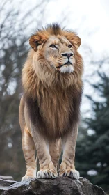 Male lion on rocky outcrop in winter overcast soft lighting