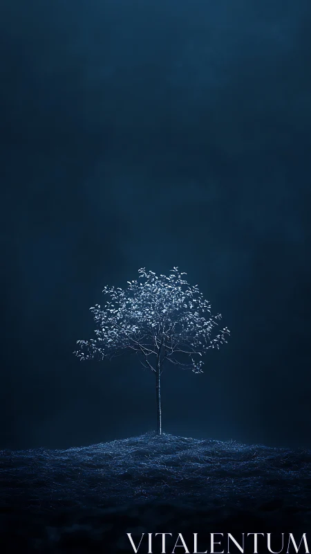 Lone illuminated tree over deep blue minimalist landscape.