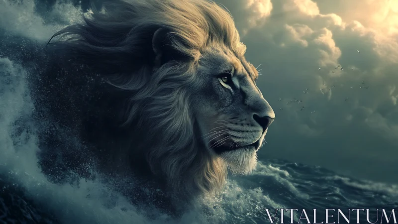 Digital lion portrait merged with stormy ocean waves.
