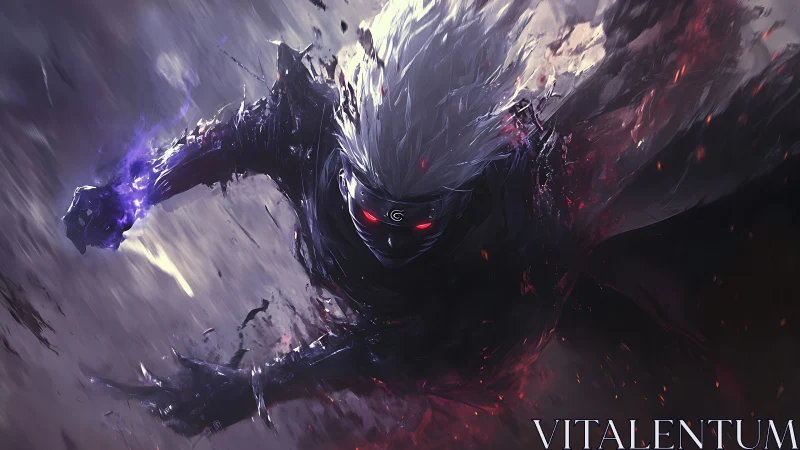 Storm-wreathed masked warrior surging through darkness.