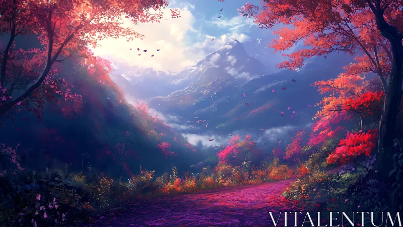 Crimson Forest Valley with Snowy Mountain Vista.