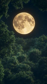 Full Moon Glowing Through Forest Canopy at Night