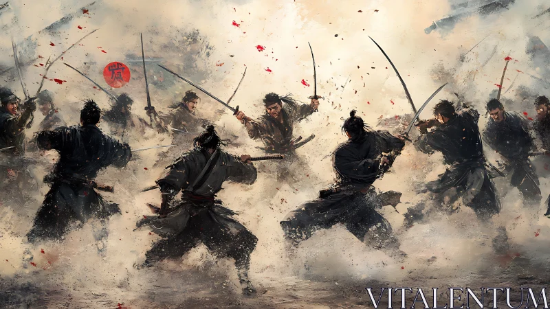 Samurai warriors clash in a smoky battlefield duel.