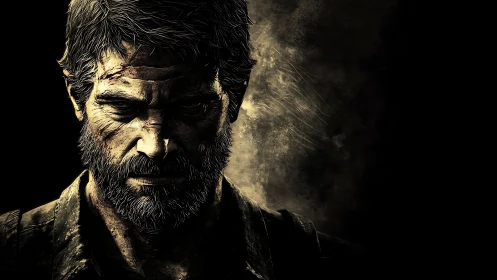 Bearded male character in shadowed digital portrait study.