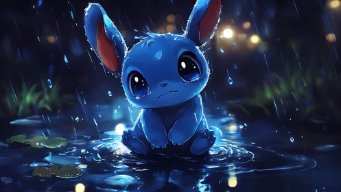 Blue cartoon creature sits in rain puddle at night