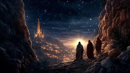 Starlit pilgrims behold a radiant citadel in midnight silence.