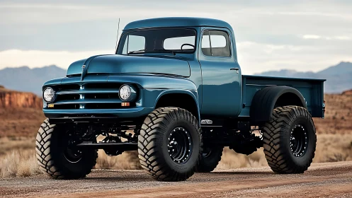 Lifted vintage blue pickup truck on rugged desert road.
