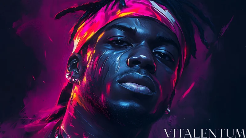 Neon portrait of confident man in vivid magenta lighting.