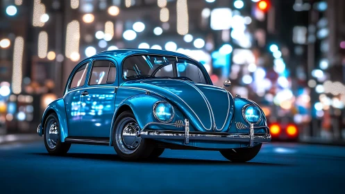 Vintage blue city car glows amid neon bokeh lights at night.
