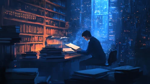 Nocturnal scholar in neon city library, cinematic blue-orange