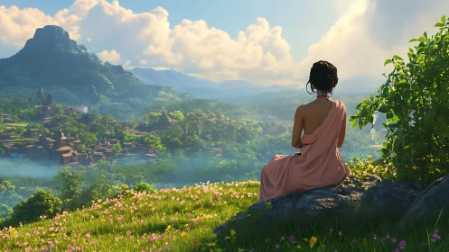 Woman in peach robe overlooks serene valley kingdom at dawn.