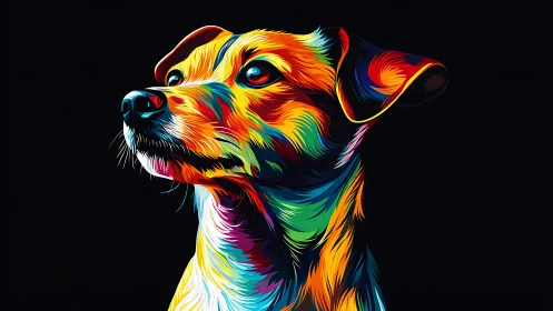 Color-drenched dog portrait glows against deep black backdrop.