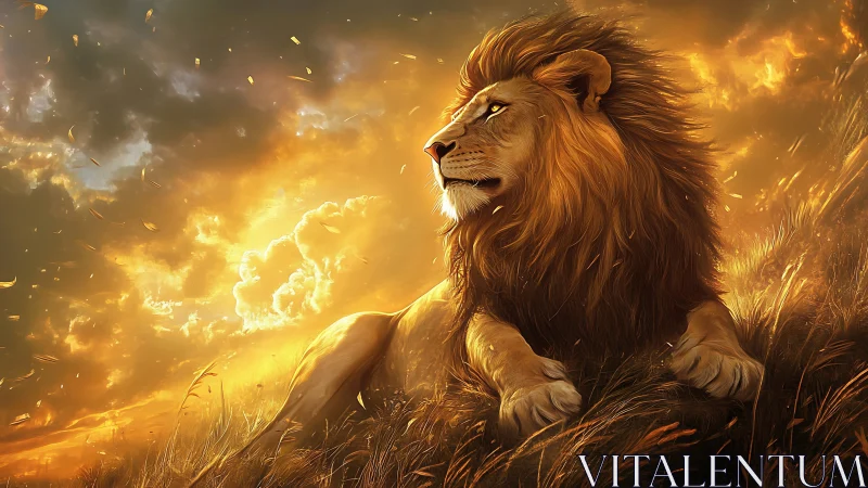 Solar-lit lion in dynamic atmospheric field environment.