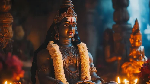 Sacred Shiva idol glows in warm temple candlelight.