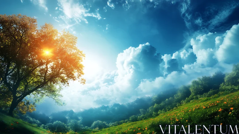 Sunlit hillside meadow under towering summer cumulus clouds.