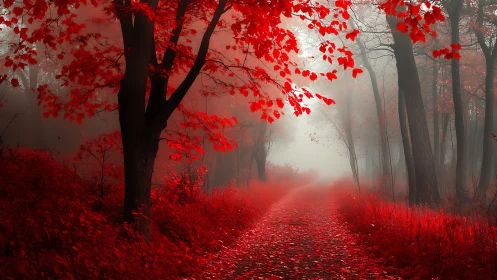 Crimson forest pathway receding into atmospheric white mist.