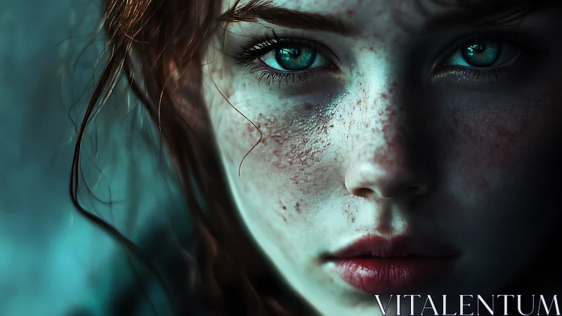 Digital portrait shows freckled face with vivid teal eyes