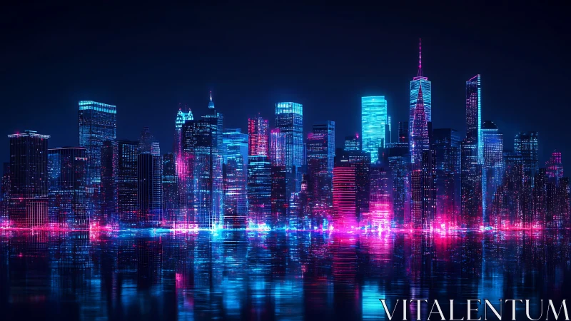 Neon city skyline reflects on dark water under night sky